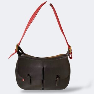 Bally Italian Brown Leather Shoulder Bag Red Strap Front Pockets Vintage w COA